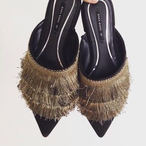 Zara Black and Gold Fringe Mule Shoes